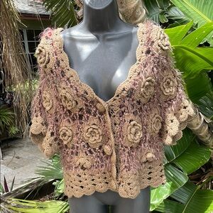 hand crochet rose, three dimension, florals shrug, or top or sweater